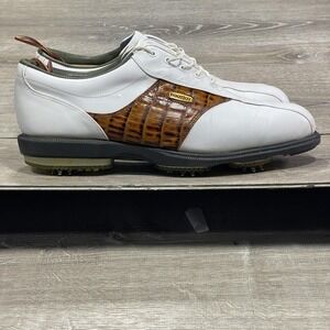 FootJoy DryJoys Golf Shoes Mens Size 10 White Brown Leather Spiked 53570